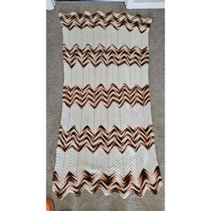Handmade Afghan Blanket Vintage Crochet, Browns White, 33x69